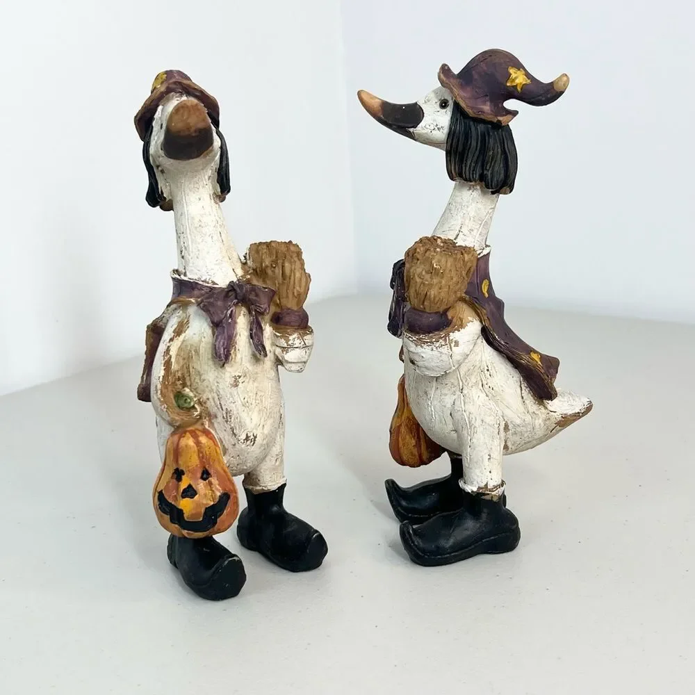 VTG Tii Collection Halloween Duck Witch Pumpkin Broom Resin Figurine Set Of Two